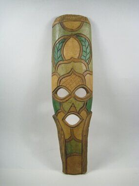 Hand Carved Wooden Tribal African Wall Mask Green Tan Vintage Decorative 20 inch